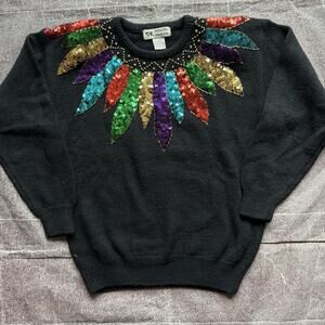 Women's Vintage 80's Princess Cruise Sequin Black Crewneck Pullover Sweater Sz S